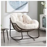 BBWL Rattanstuhl Schaukelstuhl mit Polsterkissen, wetterfester Relaxsessel, Outdoor Rattan Schaukelstuhl für Garten Terrasse Balkon weiß