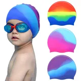3 Stück Kinder-Badekappen für Kleinkinder, Silikon-Badekappe für Jungen und Mädchen (Alter 4–12 Jahre), wasserdicht, Cartoon-Badehüte für langes und kurzes Haar (Regenbogen-Stil)