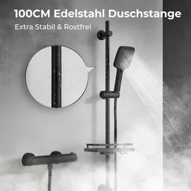 Görbach Duschset Edelstahl Duschstange mit Verstellbarer Duschkopfhalterung, Bohrlöcher-kompatible Wandhalterungen, Passend für Standard-Handbrausen, Brausestange 100 cm und Duschablage Schwarz