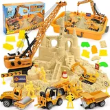 Tacobear Baustelle Magic Sand Koffer mit 1000g Knetsand, Kranspielzeug, 5 Mini-Fahrzeuge & 14 Sandformen, Sensorisch Sandspielzeug Spielsand Zaubersand Geschenk für Kinder Jungen Mädchen