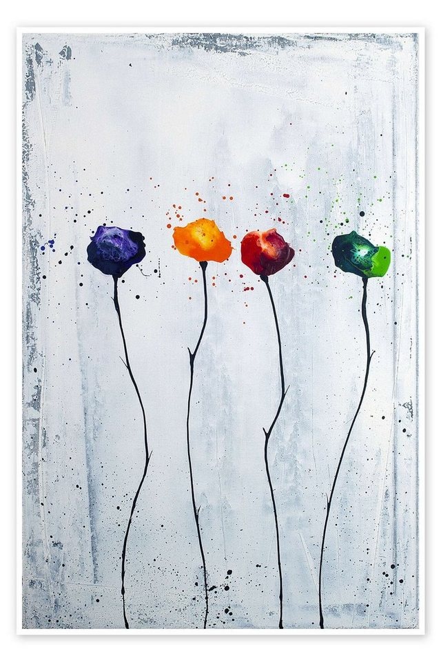 Posterlounge Poster Yannick Leniger, Vier Blüten 2, Wohnzimmer Malerei grau 60 cm x 90 cm