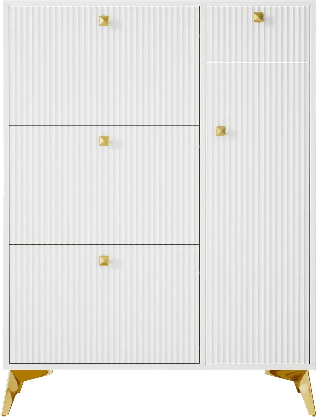 Schuhschrank mit 3 Klappen, platzsparender Schuhkipper mit moderner Wellenoptik, 90x25x121 cm, Weiß