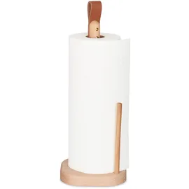 Relaxdays Küchenrollenhalter stehend, Buchenholz, H x B x T: 35 x 13 x 13 cm, Rollenhalter für Küche, Ledergriff, Natur