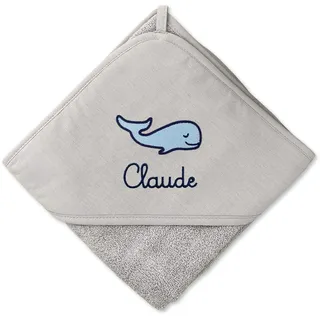 Kapuzenhandtuch Kinder (100x100cm) in Grau mit Namen personalisiert für Jungen und Mädchen aus 100% Baumwolle - Babyhandtuch/Kinderhandtuch/Badetuch