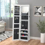 Homcom Stehender Schmuckspiegelschrank Mit Led-beleuchtung Und Schloss, Schmuckschrank Mit Integriertem Spiegel Für Das Schlafzimmer, Weiß Mit Holzmaserung