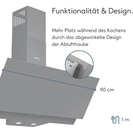 Wiggo WE-A942G Dunstabzugshaube 90cm kopffrei I Abluft Umluft Dunstabzug 626m3/h - Touch-Display 4 Stufen I Energieeffizienzklasse A Schräghaube ...