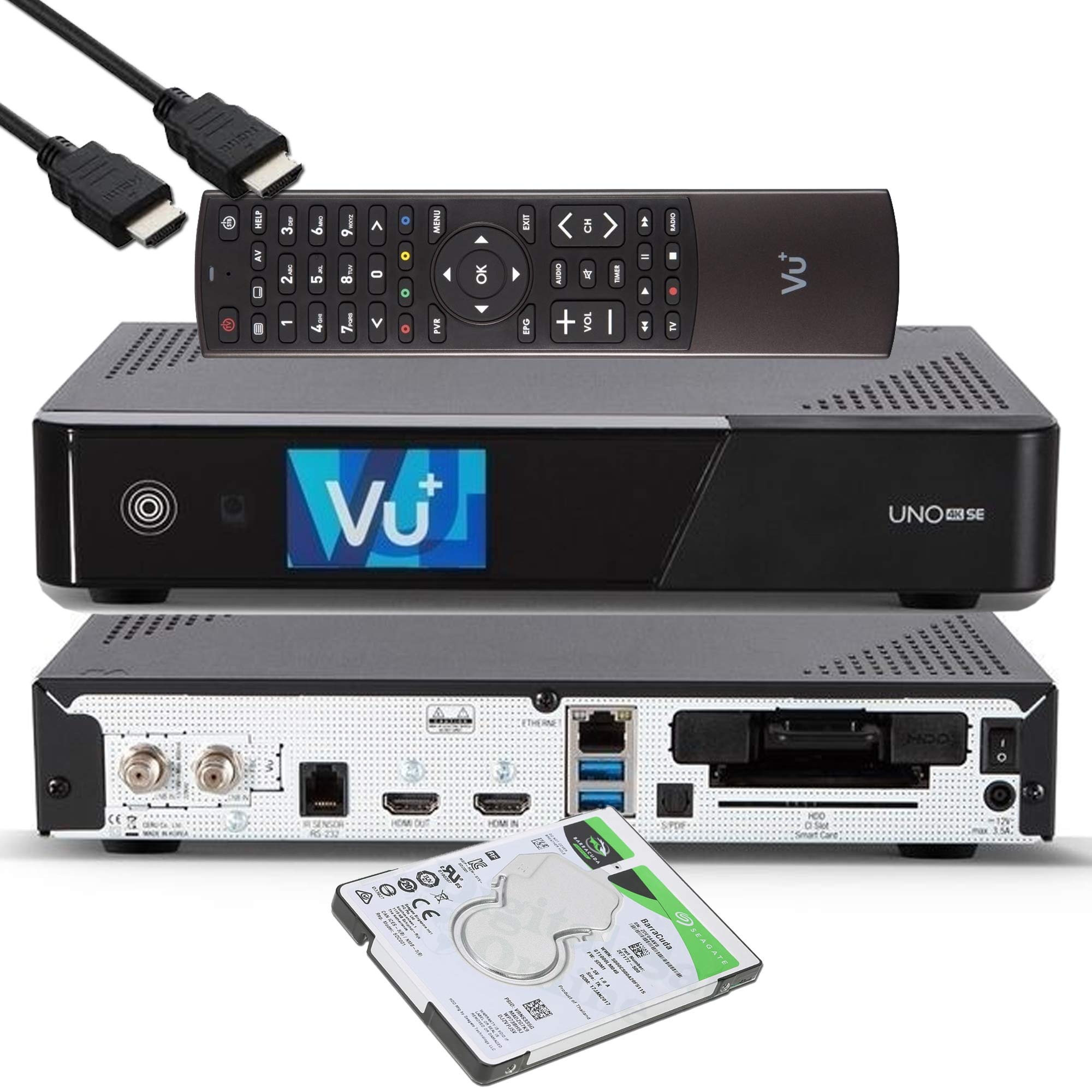 VU+ UNO 4K SE - UHD HDR 1x DVB-S2 FBC Sat Twin Tuner E2 Linux Receiver, YouTube, Satellit Festplattenreceiver, CI + Kartenleser, Media Player, USB 3.0, EasyMouse HDMI-Kabel & 2TB HDD Festplatte