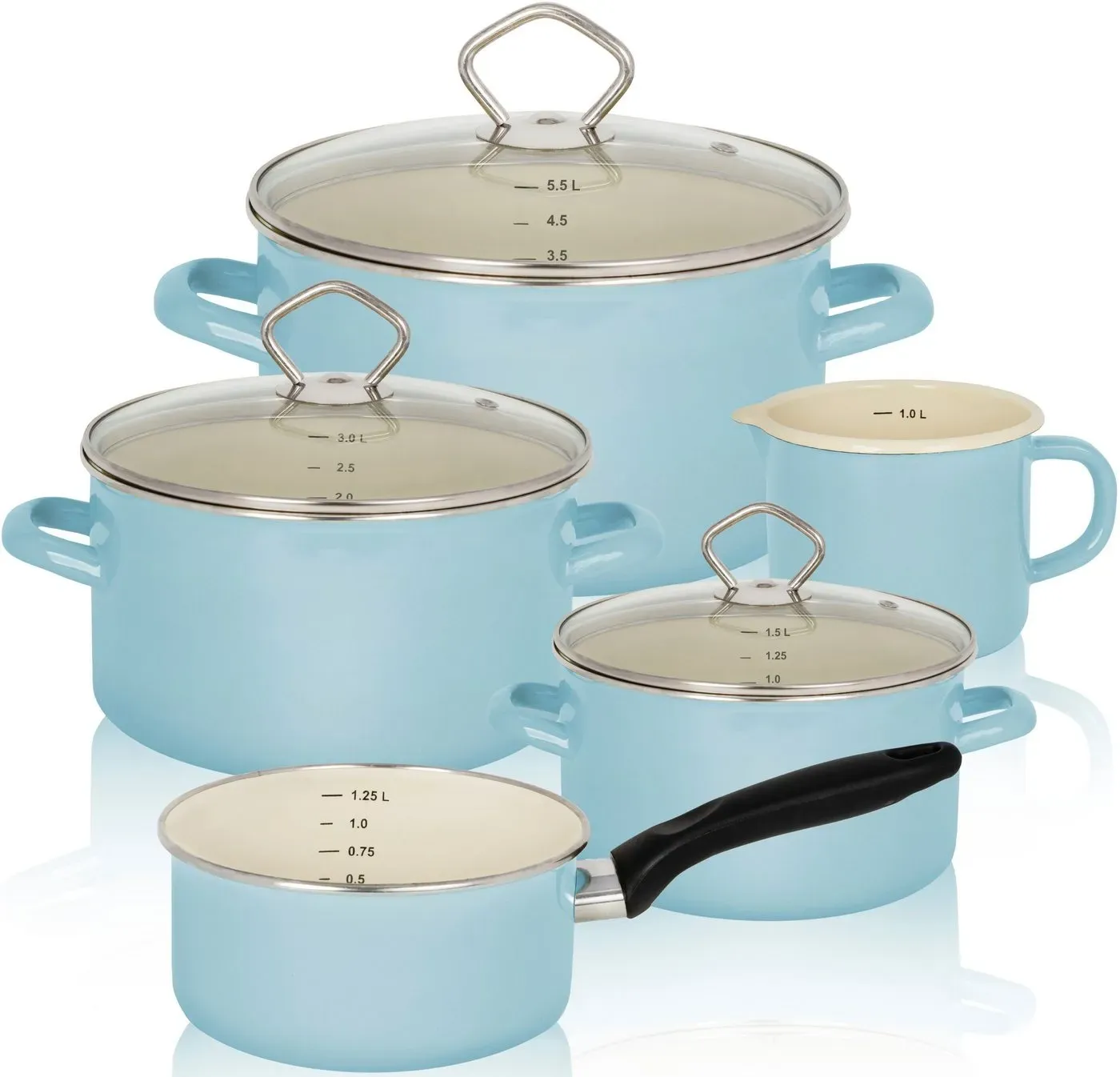 Krüger Topf-Set Sylt, Aluminiumguss, Emaille (Set, 8-tlg., Fleischtopf 16/20/24 cm, Milchtopf 12 cm, Stieltopf 16 cm), Induktion blau