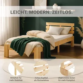 Homestyle4u Bett mit Lattenrost Holz Natur Holzbett 90x200 Einzelbett 90 x 200 cm Massivholzbett 90x200 Kiefer –
