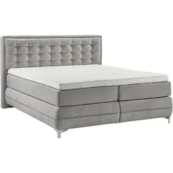 Boxspringbett MUSTERRING "Dubai", grau (d 041 grau), B:197cm L:214cm, Komplettbetten, Boxspringbett, Winkelfuß in Chrom, 3 Härtegrade, Kopfteil in Kassettensteppung
