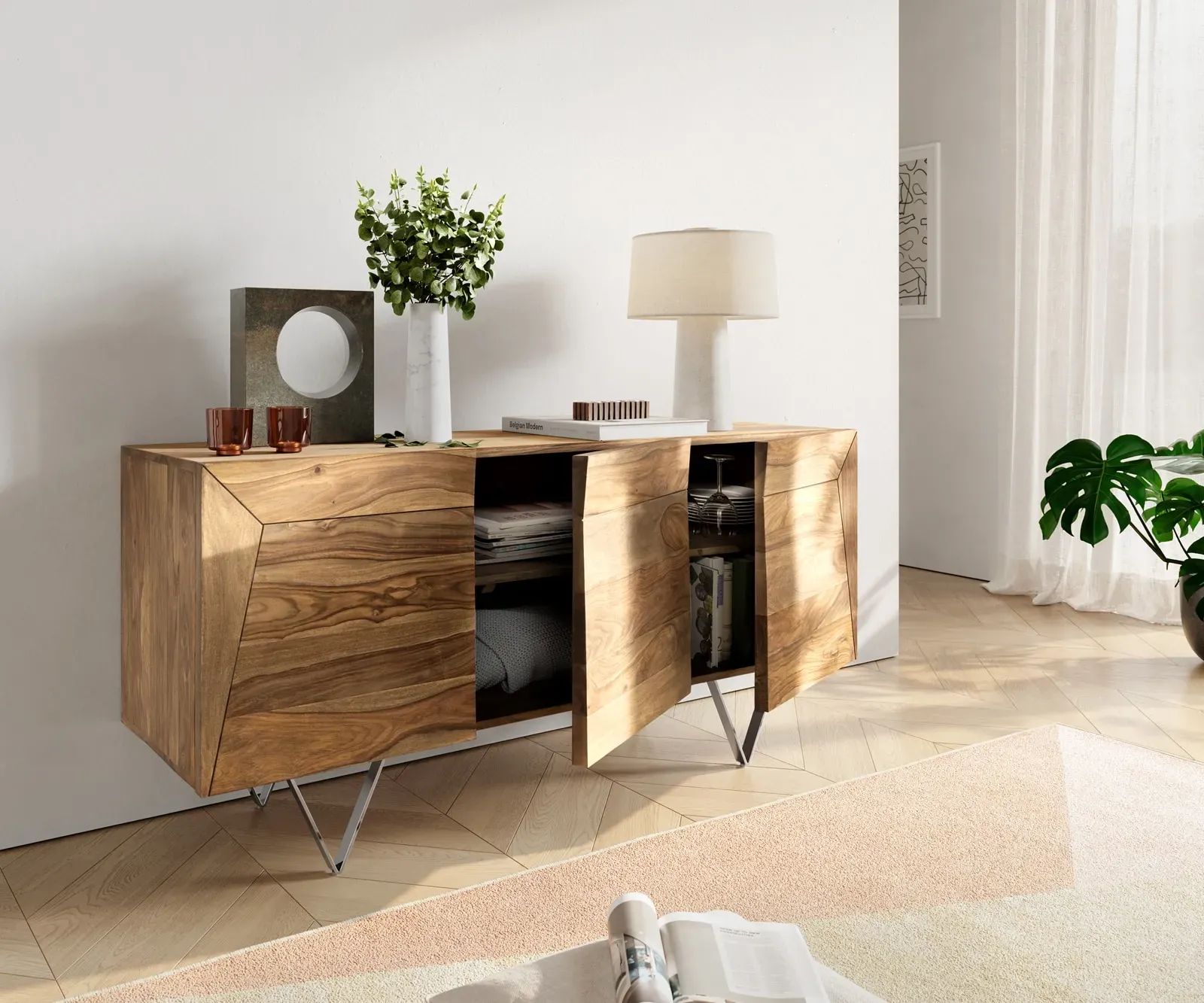 DELIFE Design-buffet Wyatt 150 cm sheesham nature 3D optics  acier inoxydable, Buffets