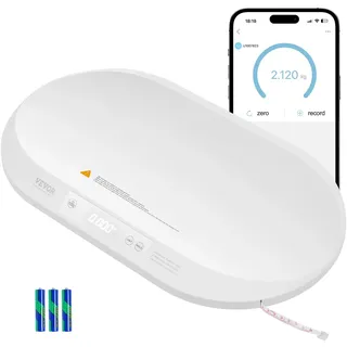 Vevor Babywaage, intelligente Bluetooth-Säuglingswaage mit Maßband, Kleinkindwaage zur Gewichts- & Größenverfolgung – mit Hold-& Tara-Funktion, 5 Einheiten für Babys, Haustiere, 40 kg Tragkraft