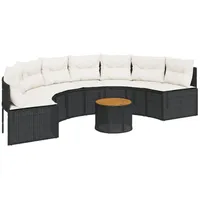 vidaXL Gartensofa mit Tisch und Kissen Halbrund Schwarz Poly-Rattan