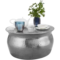 KADIMA DESIGN Couchtisch 60x30,5x60cm Aluminium Silber Beistelltisch orientalisch rund, Flacher Hammerschlag Sofatisch Metall, Design Wohnzimmertisch modern,