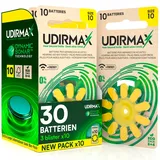 30 Batterien für Hörgeräte Größe 10 PR70 Udirmax Gelb mit Dynamic Sonar Technologie Zink-Luft Öko-Pack - 3 umweltfreundliche Blisterpackungen mit 10 Hörgerätebatterien