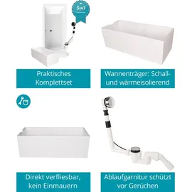 Calmwaters Calmwaters® Premium Badewanne Komplettset 180x80 cm mit Wannenträger & Ablaufgarnitur, EU, Duobadewanne für 2, Set Acryl-Badewanne rechteckig, Moderne Rechteckbadewanne 180 x 80 cm, Weiß