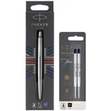 Parker Jotter Stainless Steel C.C. - Kugelschreiber + Parker 1950372 Quinkflow Nachfüllmine für Kugelschreiber mit mittlerer Spitze, 2er Packung, schwarz