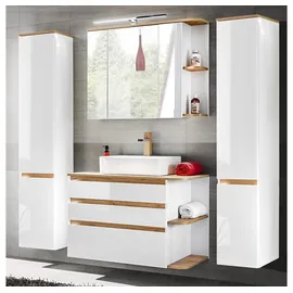 Lomadox Badezimmer Set in Hochglanz weiß mit Wotaneiche, Waschtisch-Unterschrank mit Keramik-Waschbecken und 2 Hochschränke