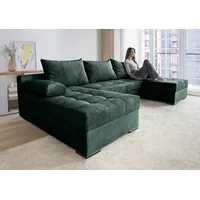Wohnlandschaft INOSIGN "Josy U-Form, Breite 269 cm, Flachgewebe, Struktur, Kunstleder", grün (flaschengrün), B:269cm H:41cm T:161cm, 100%Polyester, Sofas, inkl. Bettfunktion, Bettkasten, mit 3 gleich großen Rückenkissen, Topseller