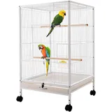 Großer Vogelkäfig 46 x 46 x 94 cm Vogelhaus rollbarer Vogelvoliere Papagei Käfig mit 4 Universalräder und 3 Holzstangen für Papageien, Spatzen, Wellensittiche (Weiß)