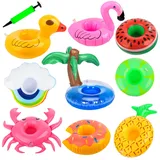 Phlognfy 9Pcs Aufblasbare Getränkehalter, Mini Flamingo Palme Getränkehalter, Aufblasbares Flaschenhalter mit Luftpumpe, für Sommer Hallen und Freibäder und Strände