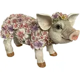 OF Gartenfiguren süsses Schwein mit Blumen verziert - Gartenfigur Ferkel Deko für außen Tiere groß (Schwein stehend)