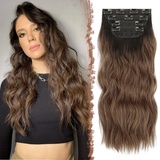 FESHFEN Clip in Extensions, 4PCS Haarverlängerungen mit Clips Synthetik Gewellte Haarextension Ombre Braun Wavy Wellig Haar Extensions Clip in Haarteil für Frauen 50 cm