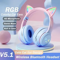 2024 neue süße Katze RGB-Farblichter, kabellose Kopfhörer, Bluetooth 5.1, Stereo-Musik-Gaming-Headsets für Mädchen, Kinder, Geschenk, Headset mit Mikrofon