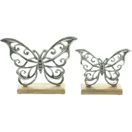 Dekoleidenschaft 2X Schmetterling Silber aus Aluminium im Antik Look & Mango Holz, Frühlings-Deko, Dekofigur, modernes Figurenset für Wohnzimmer, Küche, Fensterbank, Butterfly