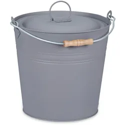 Relaxdays Ascheeimer mit Deckel, 12 Liter, Aschetonne mit Tragegriff, für Kohle & Asche, rund, Kamin, Ofen & Grill, grau