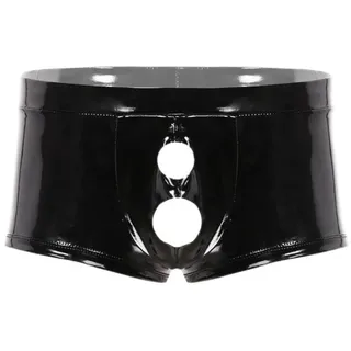 WEITING Herren Sexy Offener Schritt Glänzendes Leder Boxershorts Sexy Formende Latex Shorts Schritt Glänzend PVC Leder Shorts Offener Schritt, M - M