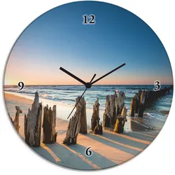 Wanduhr ARTLAND "Glasuhr rund Sonnenuntergang Strand Wellenbrecher", braun, B:30cm H:30cm T:1,8cm, Wanduhren, wahlweise mit Quarz- oder Funkuhrwerk, lautlos ohne Tickgeräusche