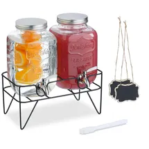 Relaxdays Getränkespender mit Ständer, 2 Limobehälter je 4L, Zapfhahn aus Edelstahl, Glas Wasserspender, transparent