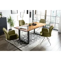 SalesFever Esstischgruppe 5-tlg.|180x90cm|Platte Akazie 26mm cognac|Metallgestell schwarz|4 Armlehnstühle 180°