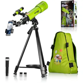 Bresser Junior 8850610 - Teleskop 70/400 mit Rucksack, Kinderteleskop, Linsenteleskop mit Zubehör, grün, STEM