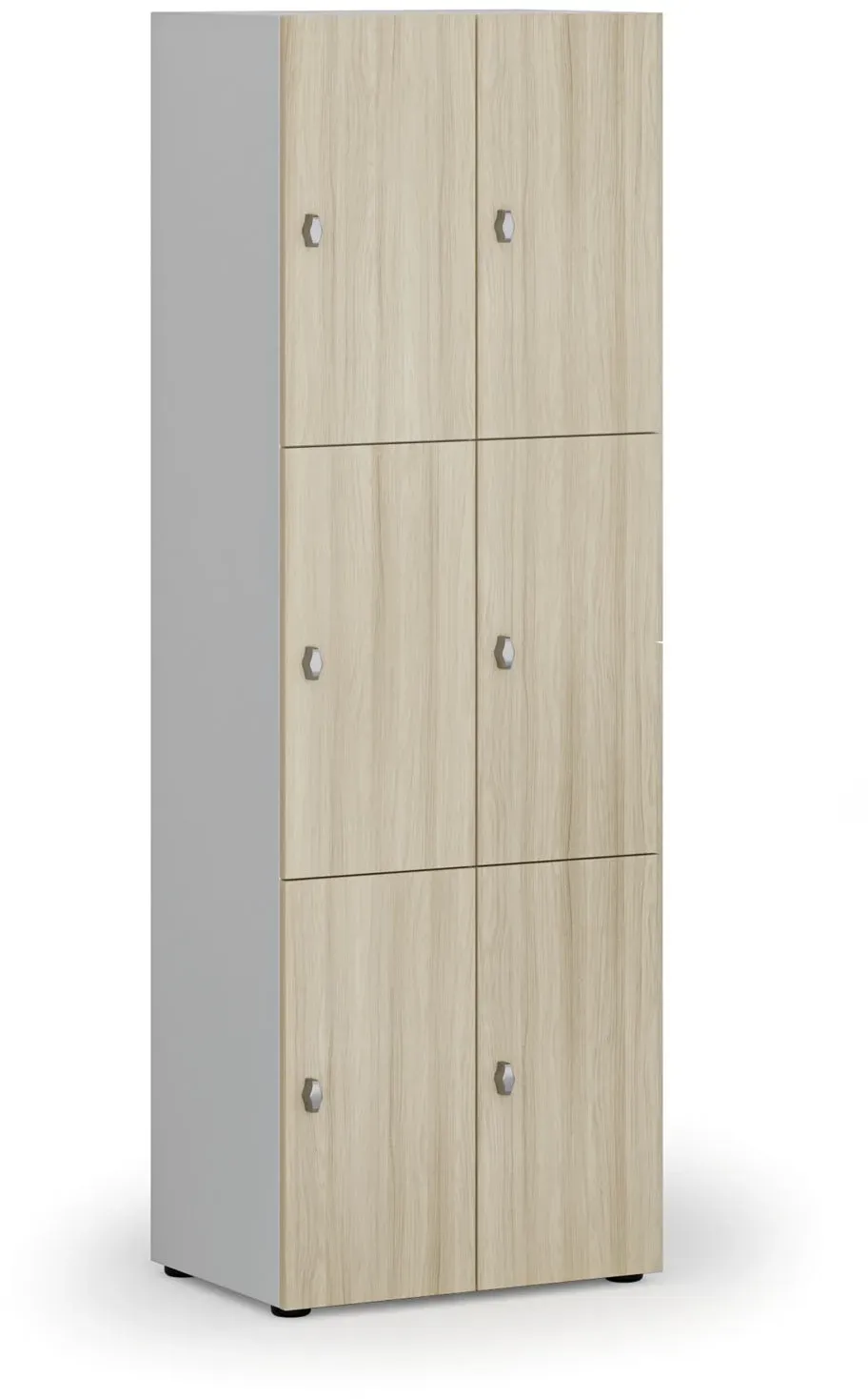 Holzspind S4 mit Ablagefächern, 6 Fächer, zerlegt, Drehriegelschloss, grau/Eiche natur