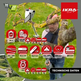 IKRA Multitool IB-MT 36, 4in1: Freischneider, Rasentrimmer, Heckenschere & Hochentaster, inkl. 36V 4Ah & Ladegerät, kompatibel mit Bosch
