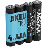 ABSINA AAA Akku 1150 NiMH 4er Pack - Akku AAA Micro mit 1,2V & min. 1050 mAh - AAA Akkus wiederaufladbar für Geräte mit hohem Stromverbrauch - Batterien AAA wiederaufladbar ideal für DECT Telefon