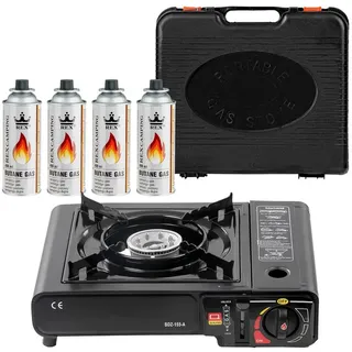 Mianova Campingkocher Outdoor Gaskocher Notfallkocher BBQ Anzünder Grill Gaskartuschen Gas Kocher Herd 1 flammig Set Grillplatte Camping Koffer 4 Gasflaschen