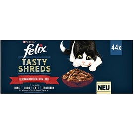 Felix 44 x 80g Tasty Shreds Geschmacksvielfalt vom Land Felix Katzenfutter nass