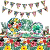 Hawaiianisches Luau-Partyzubehör – tropisches Geburtstagsbanner, Tukan-Pappteller, Servietten, Tassen, Tischdecke und Strohhalme für Aloha-Sommerparty-Dekorationen, für 20 Gäste (01)