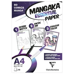 Clairefontaine 5x Mangaka Essential Paper, Mappe mit 15 Blatt A4 (3 Mangapapiere sortiert) - Weiß 94050C