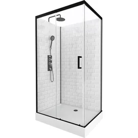 Marwell Komplettdusche White Stone - Duschkabine mit Fronteinstieg und Schiebetür - 80 x 110 x 230 - vollgerahmte Komplettdusche mit matt schwarzen Aluminiumprofilen - Rückwand aus super weißem Glas