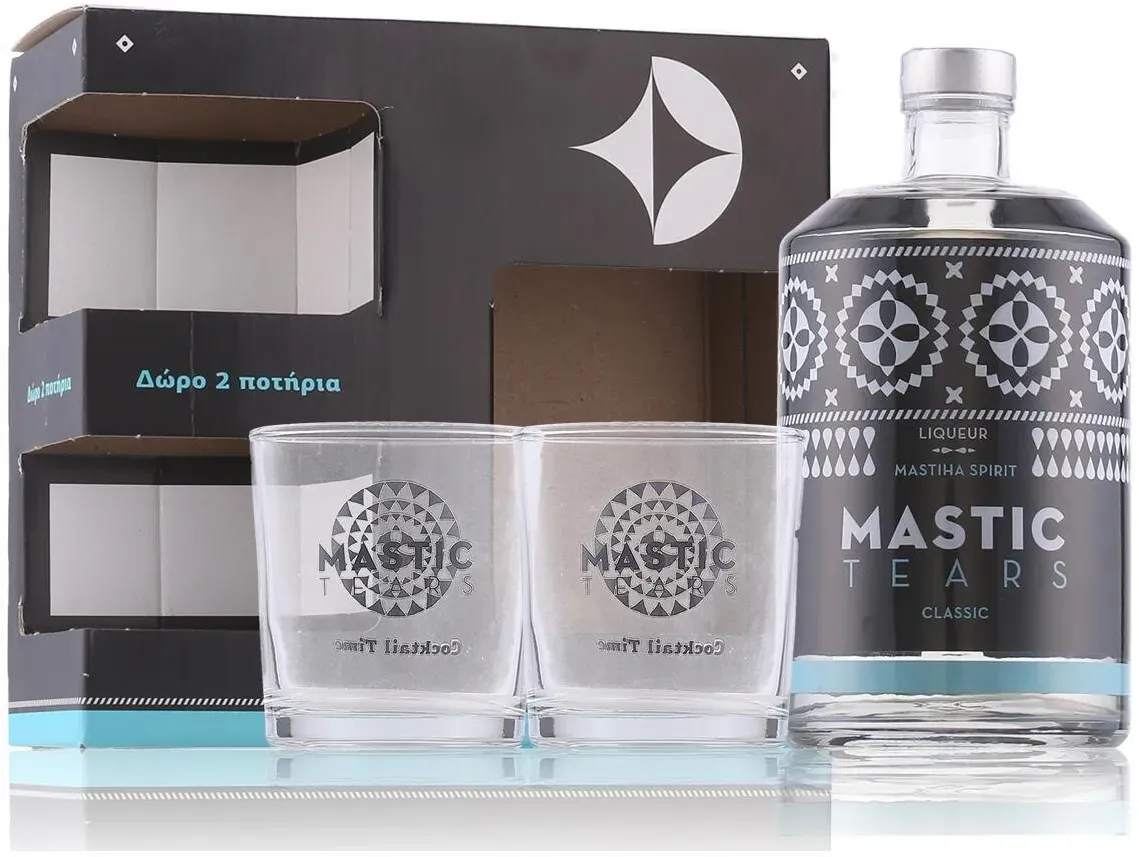 Mastic Tears Classic Mastiha Spirit 24% Vol. 0,7l in Geschenkbox mit 2 Gläsern