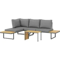 Outsunny Akazienholz Gartenmöbel Set 6 Personen L-Förmig Gartenlounge mit Eckbank Outdoor Sitzgruppe für Garten Terrasse Balkon Hellgrau - Grau