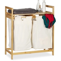 Relaxdays Wäschekorb Bambus, Wäschesortierer mit Ablage, 2 Fächer, ausziehbar, tragbarer Wäschebehälter, 60 l)