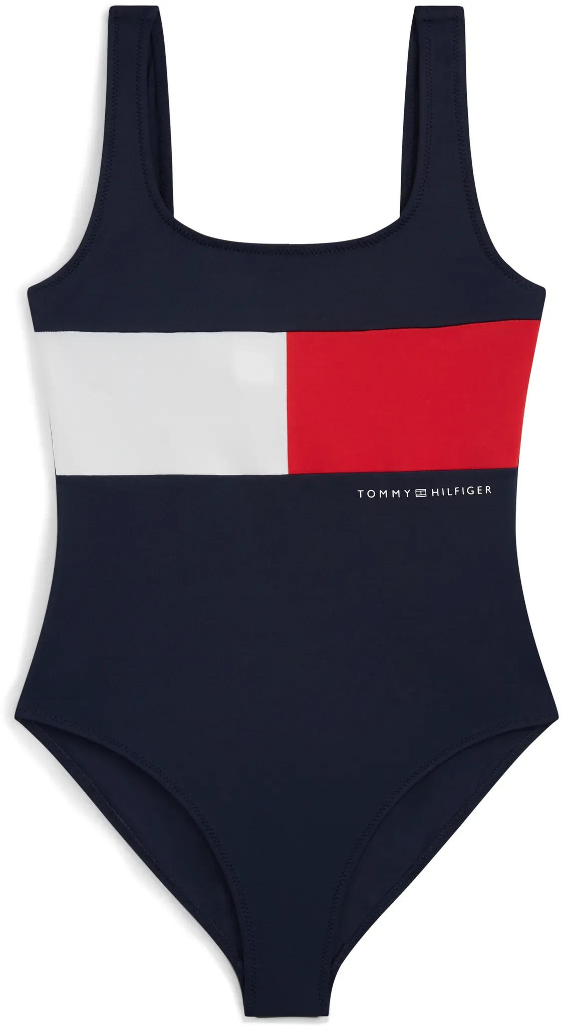 Badeanzug, Damen, Gr. 152/158, N-Gr, blau (schwarz night navy), Microfaser, Obermaterial: 80% Nylon, 20% Elasthan, TOMMY HILFIGER SWIMWEAR, Badeanzüge Badeanzug, mit quadratischem Ausschnitt, ungepolstert