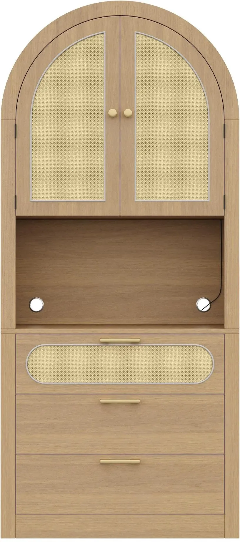 Moderner gewölbter Vitrinen, Rattantüren und Anti-Kipp-Sicherung, 80x35x180 cm, Naturfarbe