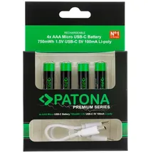 PATONA Premium USB-C 4x AAA Akkus Lithium 1.5V 750mWh mit 1 zu 2 USB-C Ladekabel