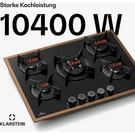 Klarstein Gaskochfeld, 5-Brenner Kupferrahmen, 10,4 kW, Elektrische Zündung, FFD-Sicherheit, Glasoberfläche, Gusseiserne Topfträger, L... - Braun